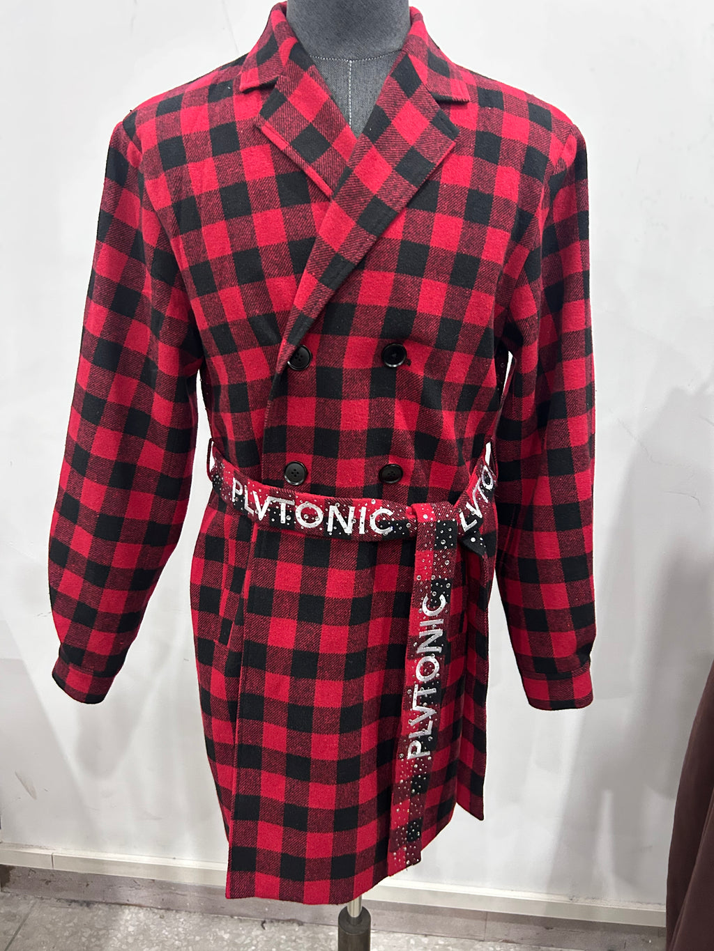 LUXE RED CHECK EMBELLISHED COAT
