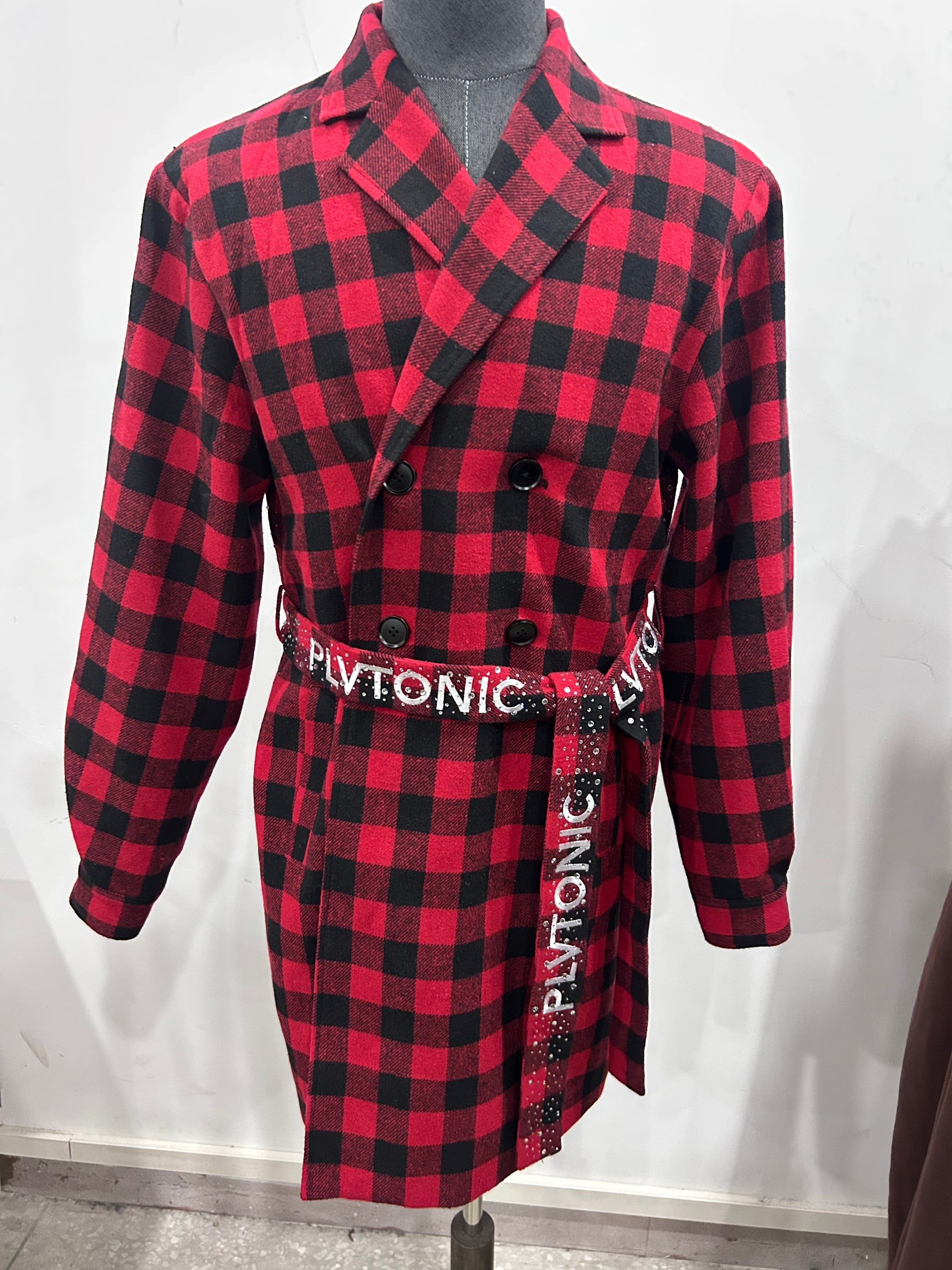 LUXE RED CHECK EMBELLISHED COAT